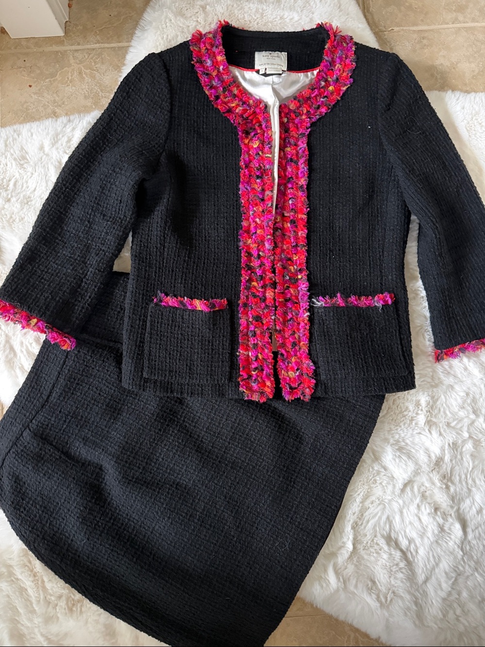 kate spade Black Tweed Jacket and Skirt Set with Pink Trim